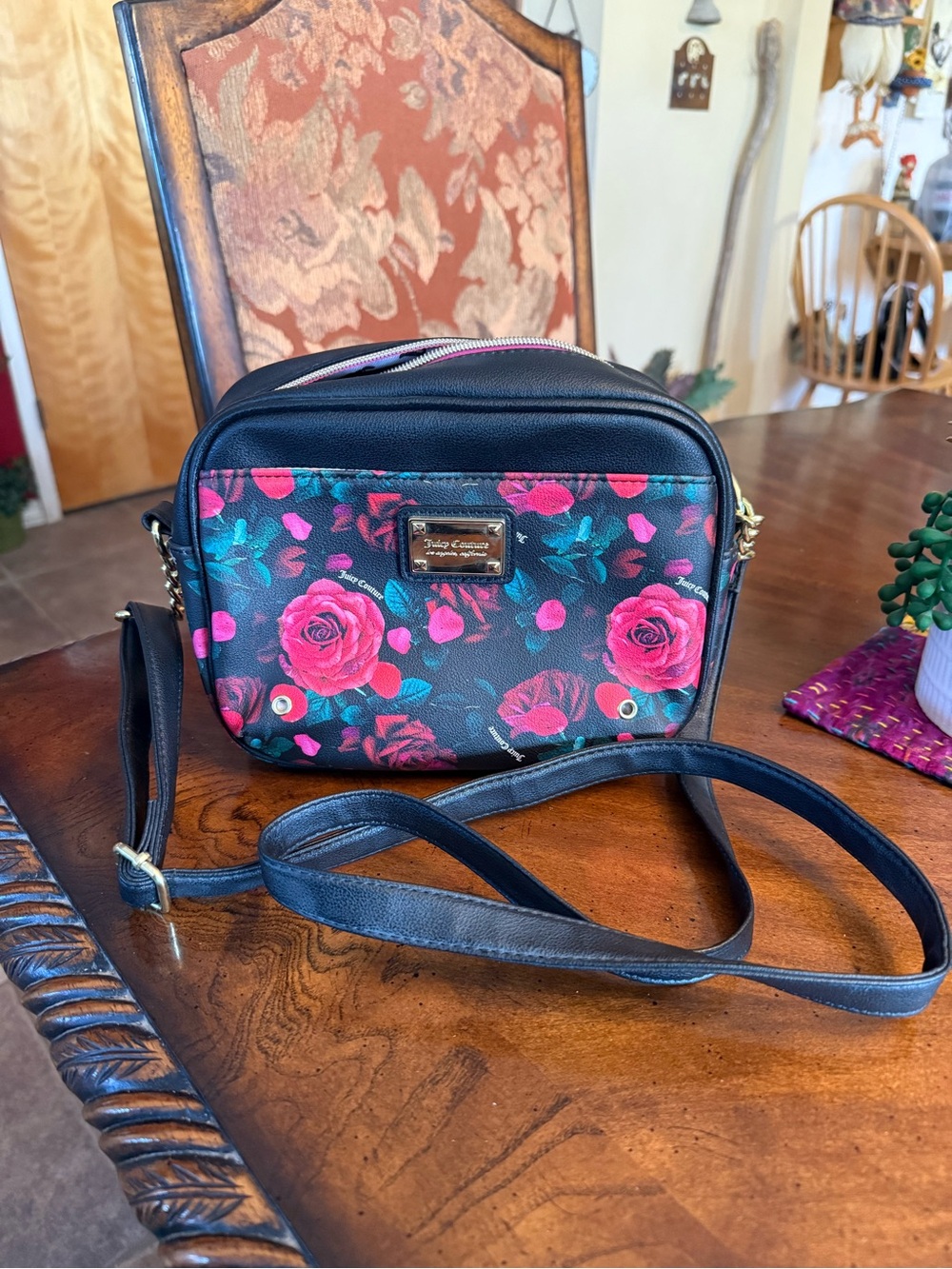 Juicy Couture Relaxed Floral Crossbody Bag in Black with Pink Roses